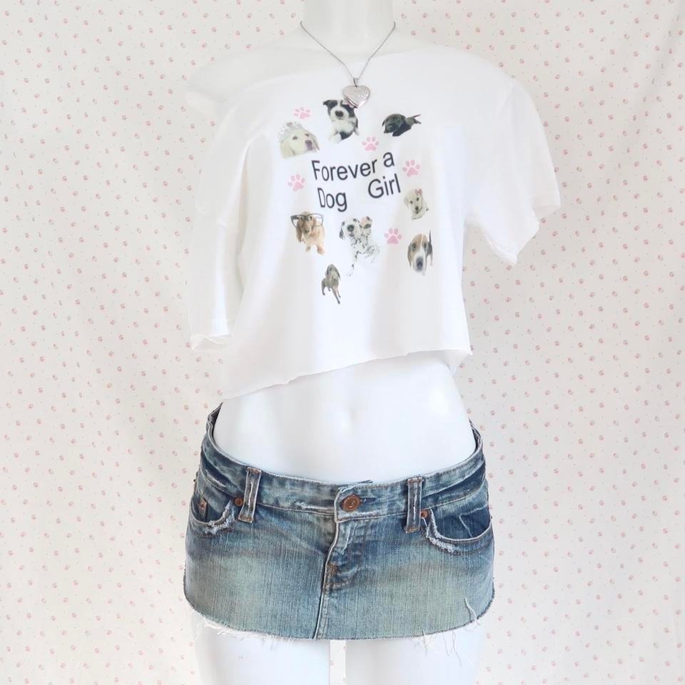 Y2k White "Forever A Dog Girl" Puppy Collage Raw Hem Cropped T-Shirt